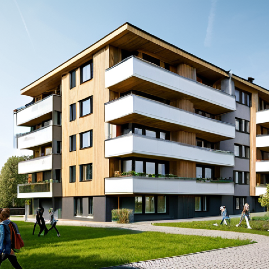 **Image Prompt:** "A modern German apartment building exterior, showcasing energy-efficient design, solar panels visible on the roof, surrounded by green landscaping, fully clothed people walking nearby, appropriate content, safe for work, professional architectural photography, perfect anatomy, natural proportions, high quality, sustainable building materials."