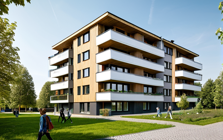 **Image Prompt:** "A modern German apartment building exterior, showcasing energy-efficient design, solar panels visible on the roof, surrounded by green landscaping, fully clothed people walking nearby, appropriate content, safe for work, professional architectural photography, perfect anatomy, natural proportions, high quality, sustainable building materials."