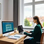 Home 22 소득 감축 시 대처 방법 - **Financial Clarity at Home:** A brightly lit, modern German apartment living room or home office. A...