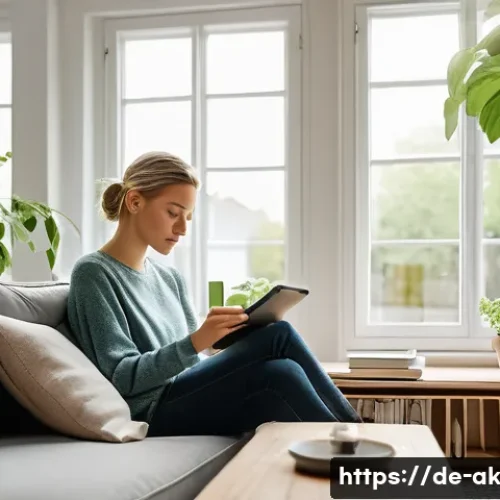 Home 32 저축의 심리학 왜 저축이 어려운가 - A cozy modern German living room scene with a young adult sitting on a sofa, thoughtfully reviewing ...