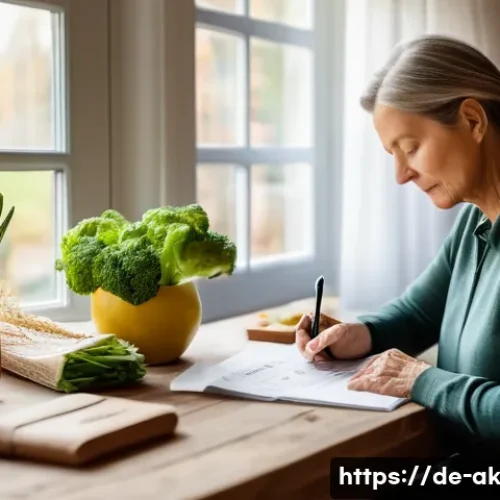 Home 31 소비 성향 파악하기 - A cozy, modern German kitchen scene showing a middle-aged woman thoughtfully writing a detailed shop...