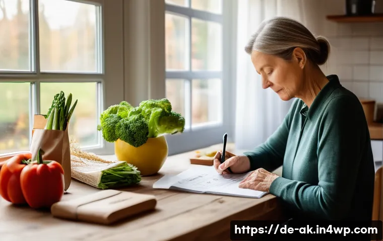 소비 성향 파악하기 - A cozy, modern German kitchen scene showing a middle-aged woman thoughtfully writing a detailed shop...