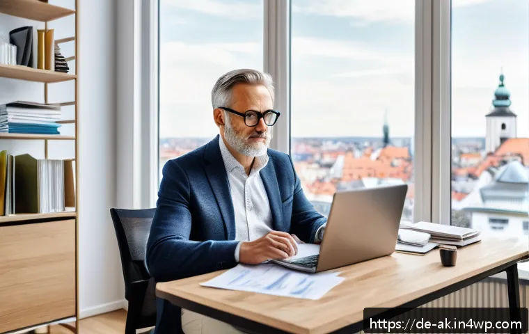 세금 기초 지식과 절세 전략 - A modern German home office scene in 2024, featuring a middle-aged self-employed professional workin...
